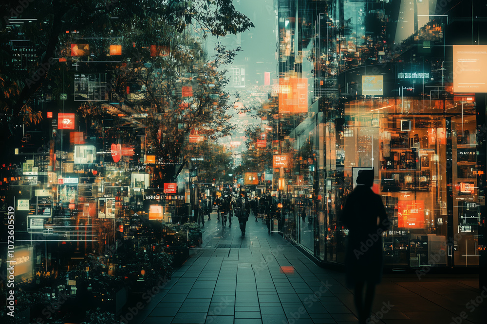 Fototapeta premium Exploring a futuristic shopping district with overlapping digital layers