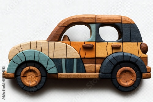 Wooden car-shaped puzzle toy for kids, isolated on a transparent background. Generative AI