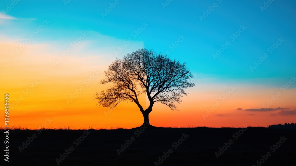 A silhouette of a tree against a vivid sunset sky in beautiful gradient colors. A silhouette of a tree against a vivid sunset sky in beautiful gradient colors.