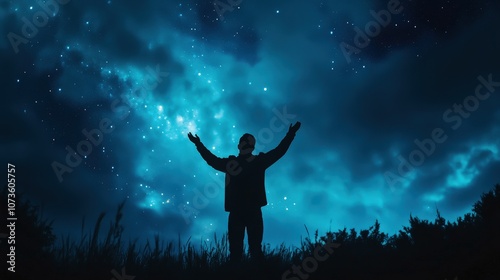 A silhouetted figure stands under a starry sky, embracing the vastness of the universe.