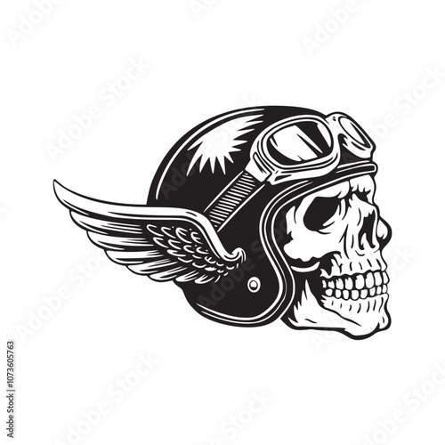 Skull in a retro motorcycle helmet with wings. vector illustration on white background photo