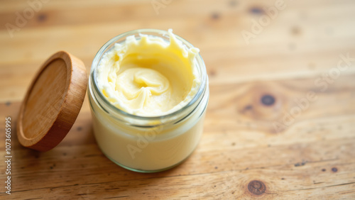 Glass jar with lard or beef tallow on a wooden table.