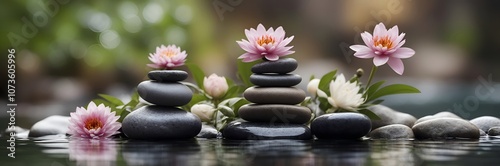 Spa concept with zen basalt stones with flowers
