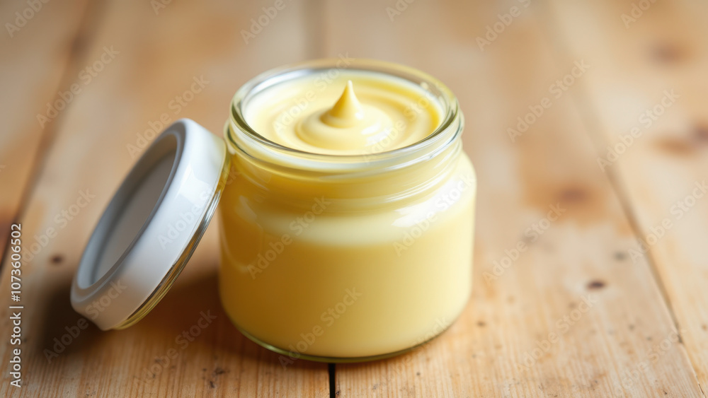 Glass jar of creamy yellow-colored butter with a wooden table background. Glass jar of creamy yellow-colored butter with a wooden table background.