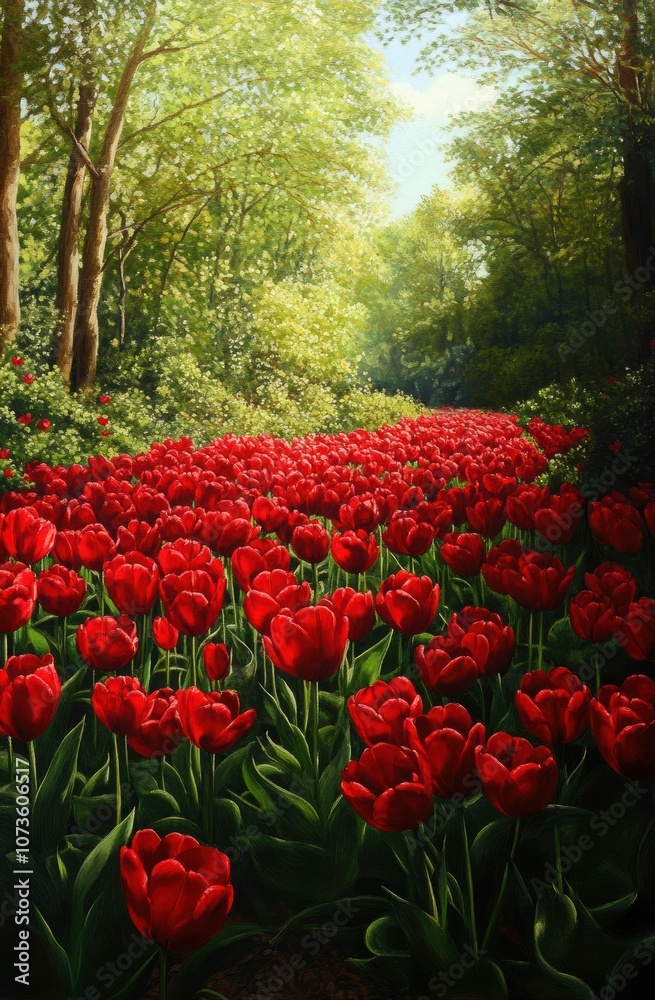 A vibrant field of blooming red tulips surrounded by lush greenery. The sunlight filters through the trees, creating a serene and magical atmosphere. A vibrant field of blooming red tulips surrounded by lush greenery. The sunlight filters through the trees, creating a serene and magical atmosphere.