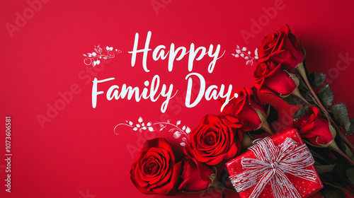 Express love on Family Day with a charming greeting card featuring elegant white text, stunning red roses, and a decorative gift box set against a bold red background for heartfelt celebrations.
