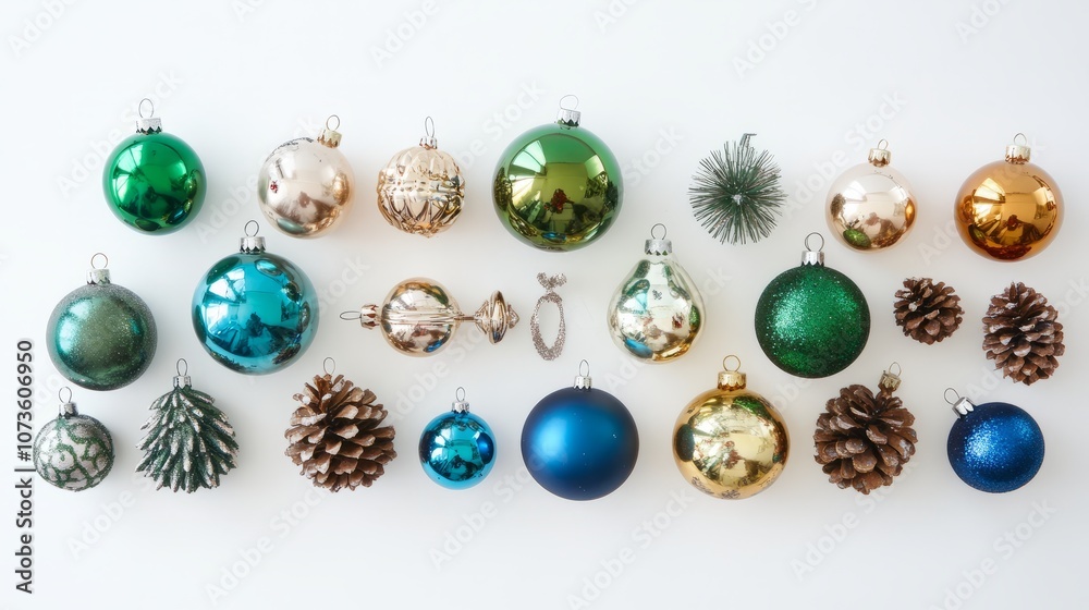 Flat lay of Christmas ornaments, pine cones, and festive decorations arranged on a white background. PNG transparent Flat lay of Christmas ornaments, pine cones, and festive decorations arranged on a white background. PNG transparent