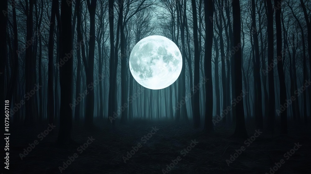 Naklejka premium Artificial moonlight casting shadows in a dense forest, eerie and quiet