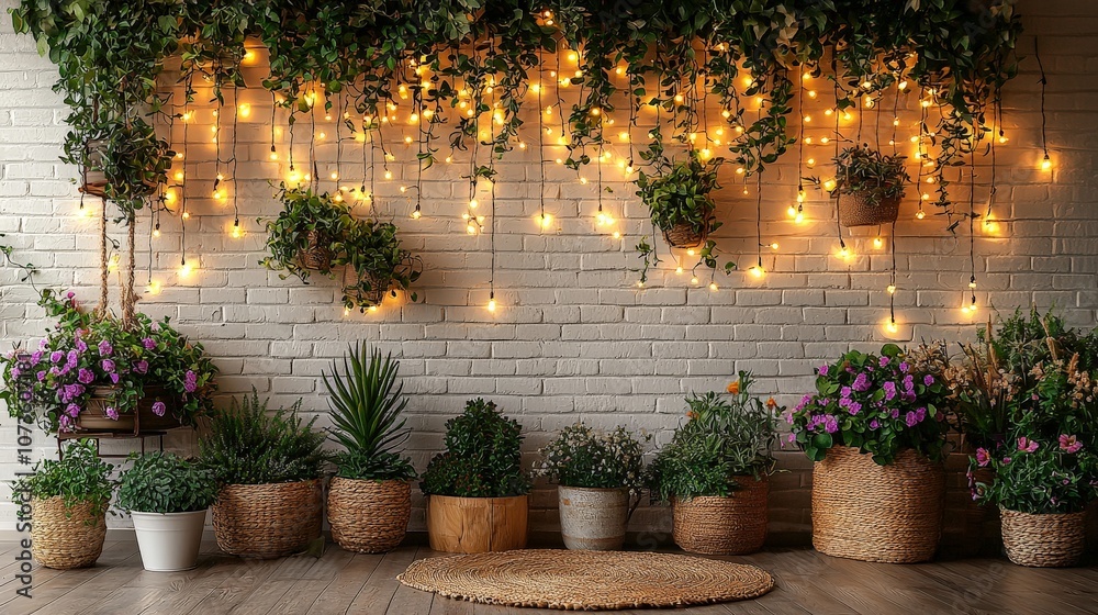 A cozy indoor space adorned with plants and warm lights, creating a serene atmosphere. A cozy indoor space adorned with plants and warm lights, creating a serene atmosphere.