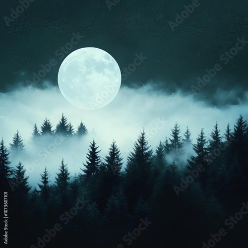 Artificial moonlight shining on mist-covered forest, eerie and mystical feeling