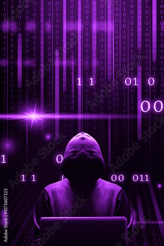 Silhouette centrée du cybercriminel devant son écran d'ordinateur portable sur fond de données binaires violet format  vertical portrait photo