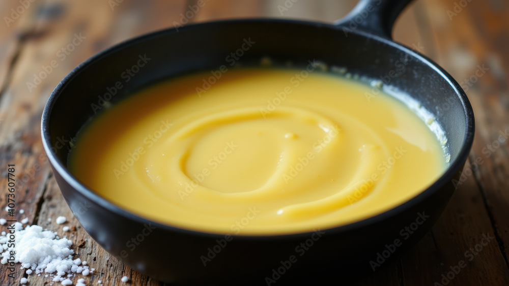 A deep frying pan filled with bubbling beef tallow on a wooden table. A deep frying pan filled with bubbling beef tallow on a wooden table.
