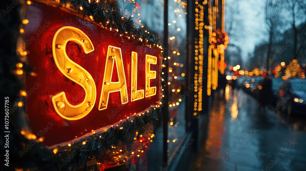 A red sale sign glowing in the evening light, next to a storefront with twinkling decorations, while rain creates reflections on the pavement A red sale sign glowing in the evening light, next to a storefront with twinkling decorations, while rain creates reflections on the pavement