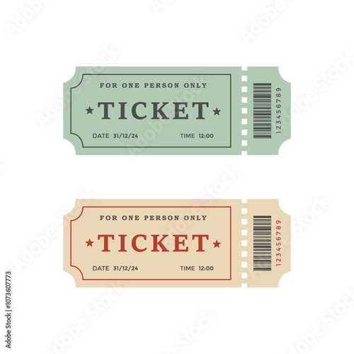 Two tickets with a tear-off part. Vector illustration of tickets with a barcode image and the inscriptions: ticket, date, time, only for one person