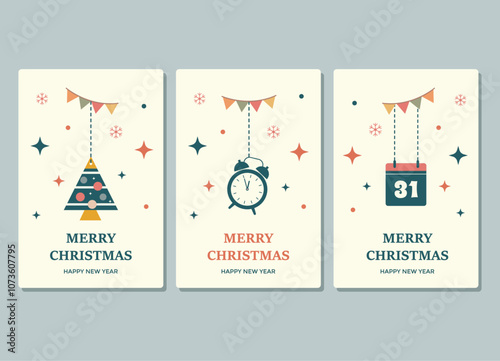 Set of three vector postcards-booklets for the New Year. Illustration of a New Year tree, a clock with the time of the New Year and a calendar with the date 31. Flags and inscriptions "Happy New Year"