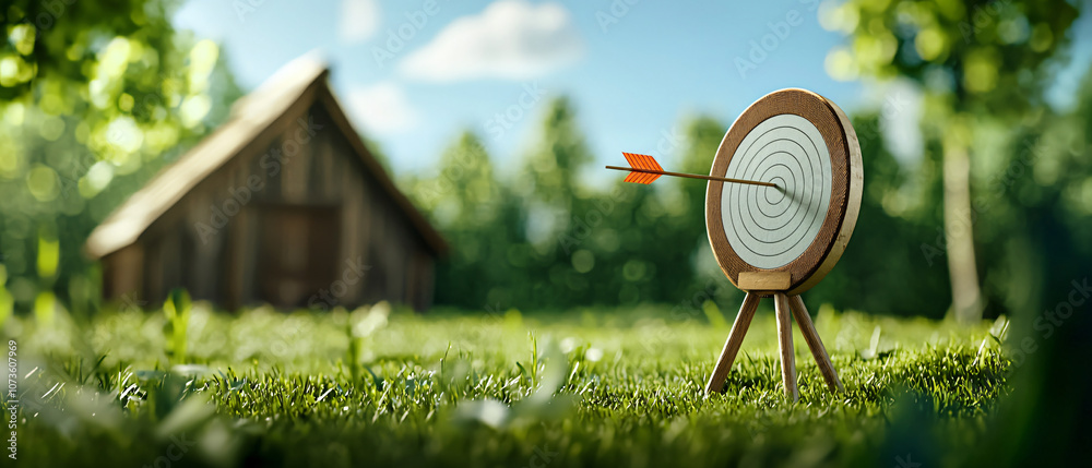 Naklejka premium Vintage archery target in lush green field near rustic barn