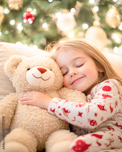 A little girl is sleeping with a teddy bear