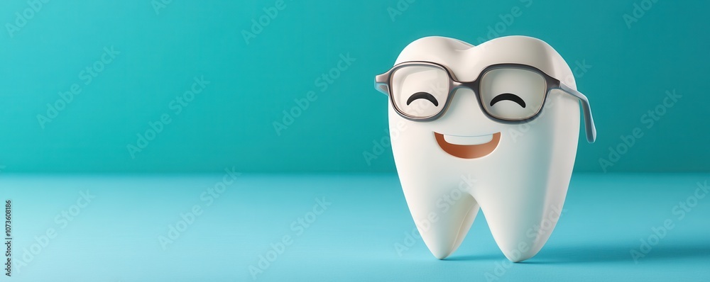 Obraz premium A cheerful cartoon tooth wearing glasses, smiling against a vibrant teal background, promoting dental health and oral care.