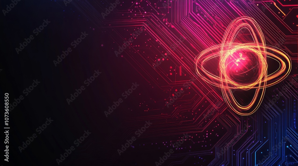 Obraz premium Abstract glowing atom symbol on a circuit board background.