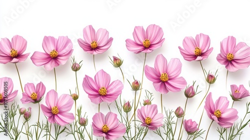 Pink Cosmos Blooms on White Background