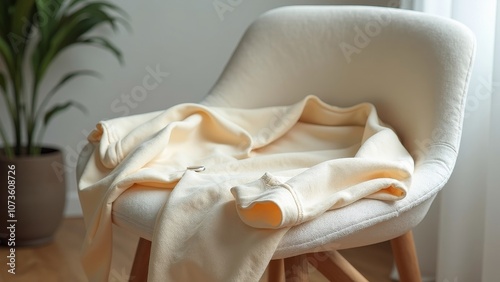 Elegant Light Silk Cardigan Draped on a Modern Chair with Soft Lighting