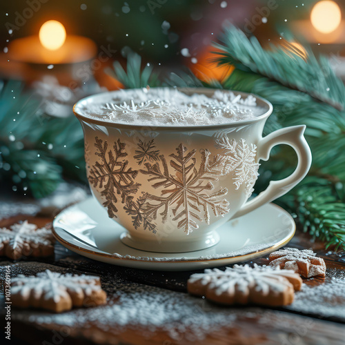 Christmas still life with a cup of coffee or tea and cookies, Generative AI