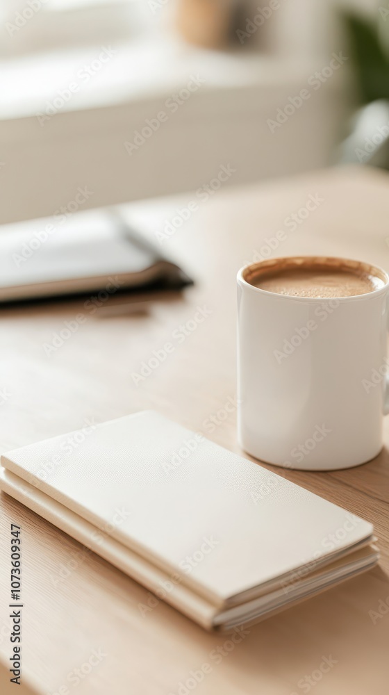 Minimalist Workspace Setup Featuring Organized Notebooks, Binders, and a Coffee Mug on a Wooden Desk in a Bright Natural Light Environment Minimalist Workspace Setup Featuring Organized Notebooks, Binders, and a Coffee Mug on a Wooden Desk in a Bright Natural Light Environment