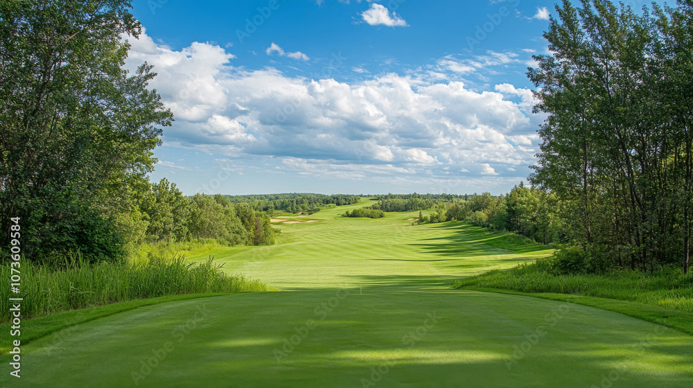 Fototapeta premium Lush Fairway Winding Through Scenic Golf Course Landscape with Rolling Hills