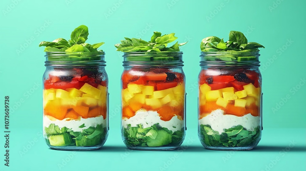 Colorful Mason Jar Salads with Fresh Vegetables and Basil Colorful Mason Jar Salads with Fresh Vegetables and Basil
