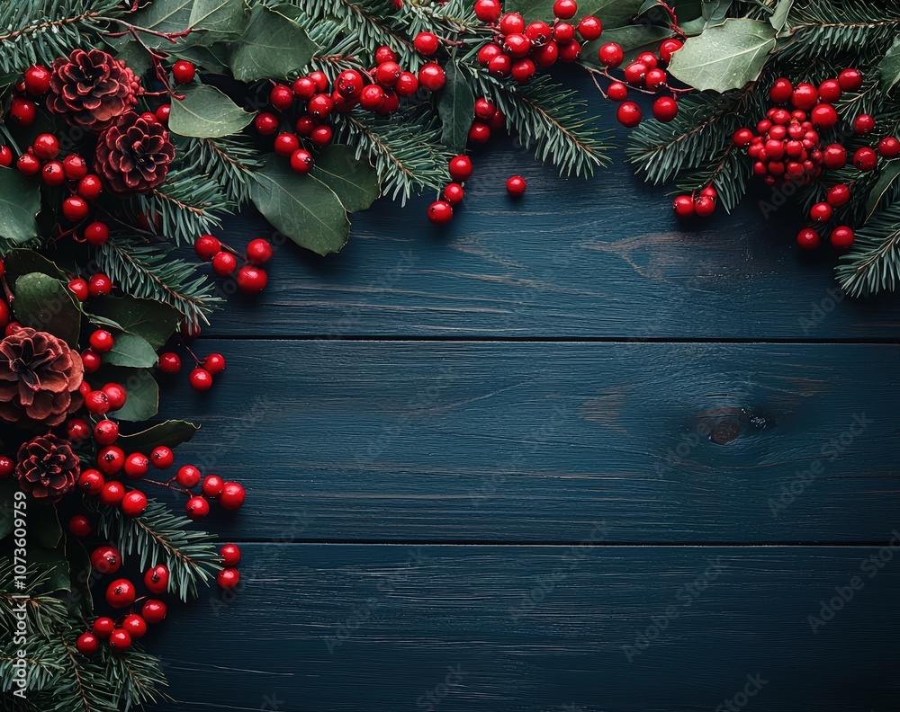 Christmas background with pine branches and red berries on a dark wooden table, top view. Christmas tree border on a wood board for decoration design. 