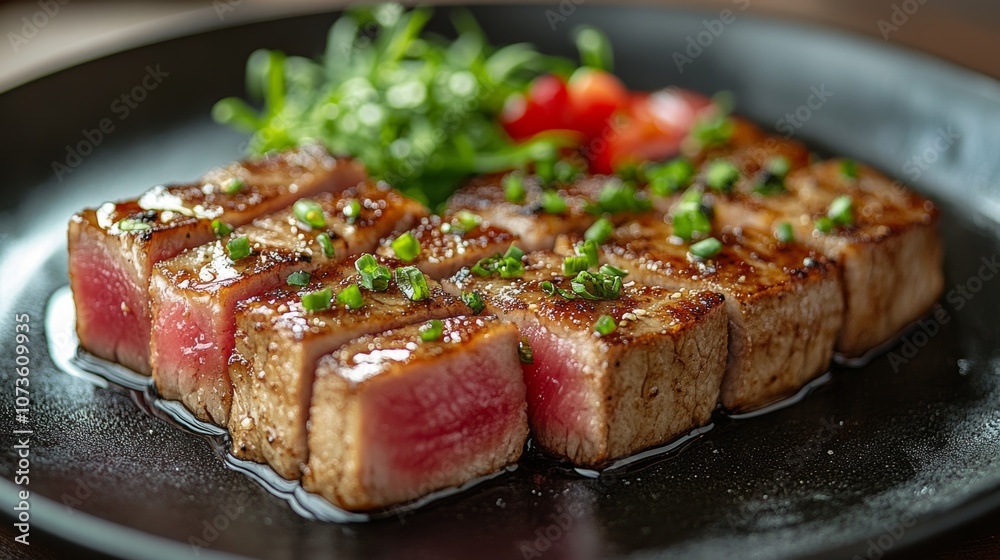 Tuna sashimi cut into rectangular pieces on a plate on a traditional Japanese restaurant table Tuna sashimi cut into rectangular pieces on a plate on a traditional Japanese restaurant table