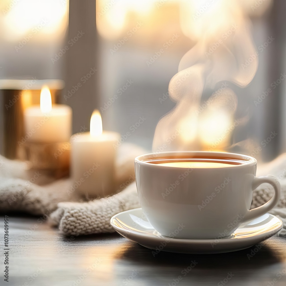 Dramatic lighting on steam rising from hot tea, cozy and inviting winter morning Dramatic lighting on steam rising from hot tea, cozy and inviting winter morning