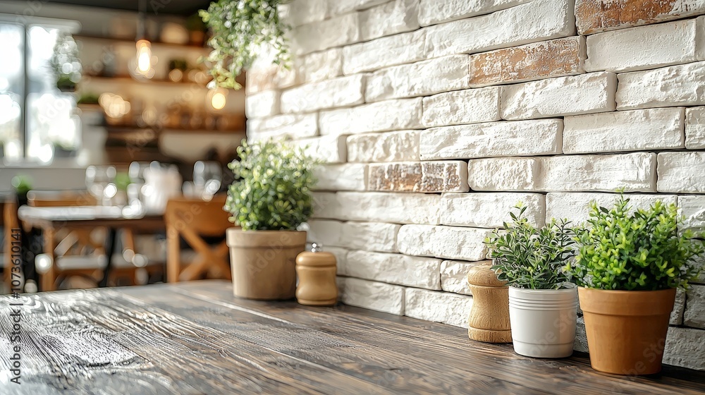 A cozy interior featuring potted plants and a rustic wooden table. A cozy interior featuring potted plants and a rustic wooden table.