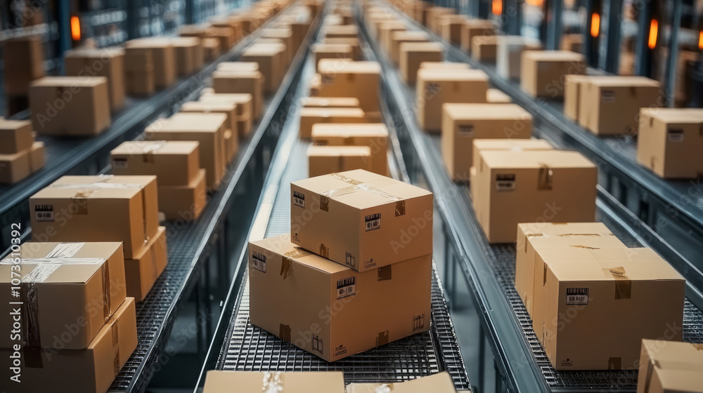 Express parcels on smart conveyor belt, smart logistics concept Express parcels on smart conveyor belt, smart logistics concept