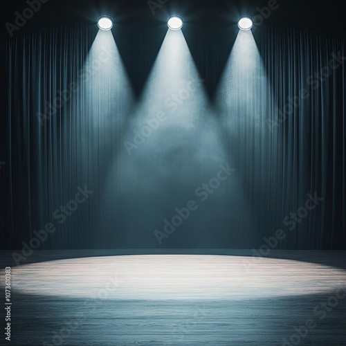 Dramatic spotlight on empty stage with dark curtains, theatrical and suspenseful feel photo