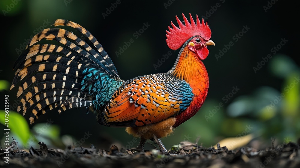 Fototapeta premium A colorful rooster with an impressive plumage in a natural setting.