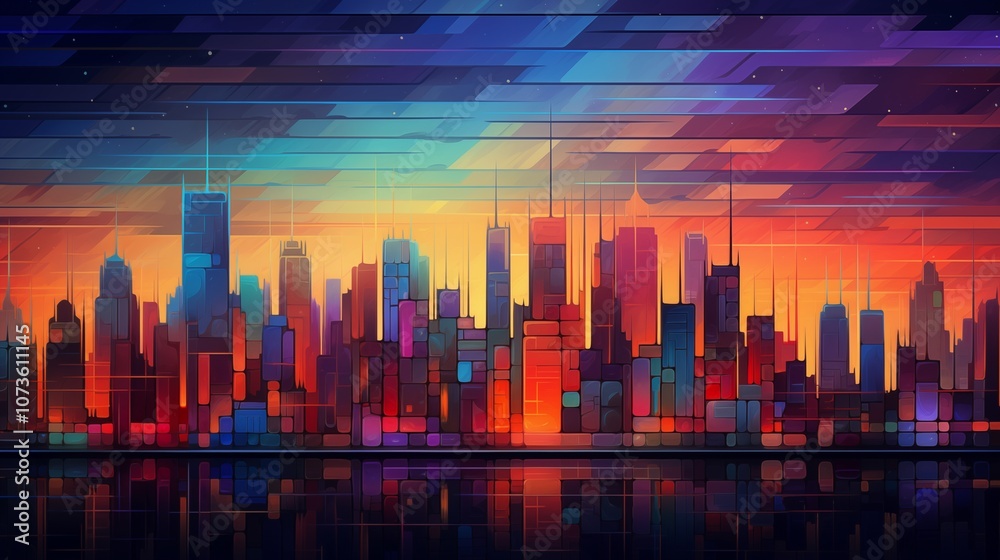 Obraz premium A dynamic illustration of a city skyline made entirely of lines and geometric shapes in vibrant colors.generative ai illustration