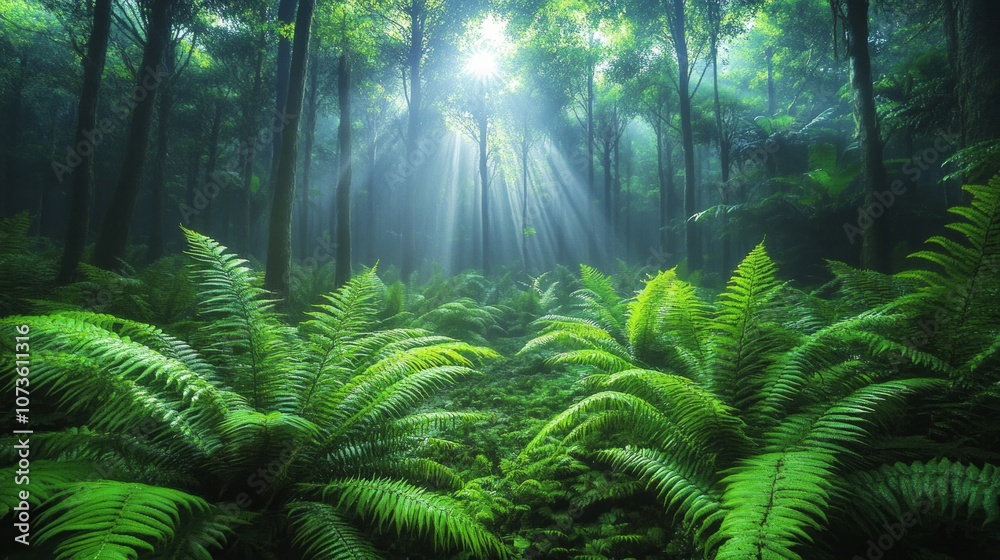 Devonian forest, towering ferns, lush greenery, prehistoric atmosphere, misty environment, sunlight filtering through dense foliage, highly detailed, AI Generative Devonian forest, towering ferns, lush greenery, prehistoric atmosphere, misty environment, sunlight filtering through dense foliage, highly detailed, AI Generative