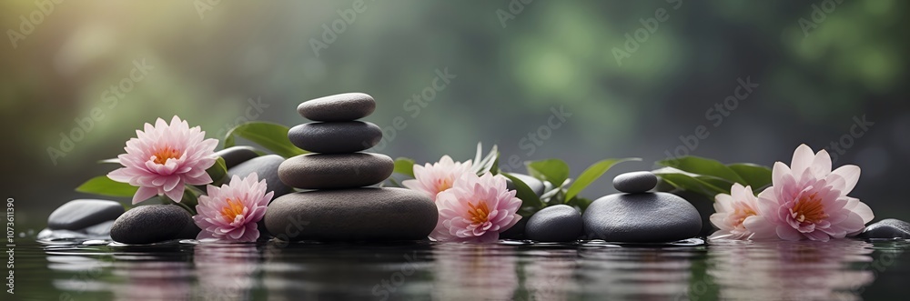 Spa concept with zen basalt stones with flowers Spa concept with zen basalt stones with flowers
