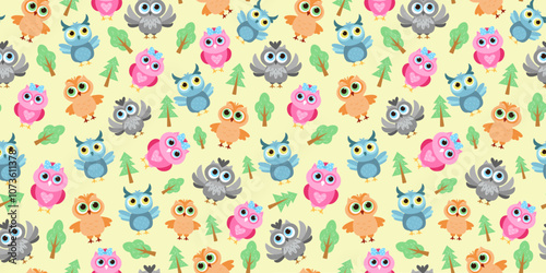 Cartoon owl pattern. Stylish, cute set of vector cartoon bright owls. Collection of different bright birds. Seamless background. Wallpaper decor.