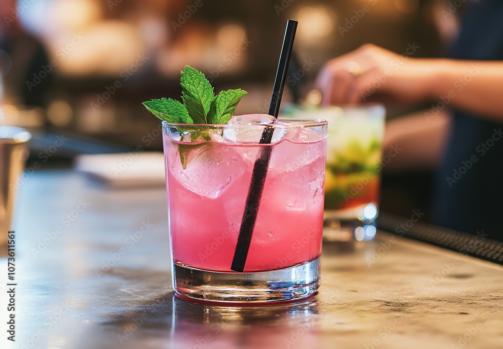 Pink Cocktail with Mint Garnish in Nightclub Pink Cocktail with Mint Garnish in Nightclub