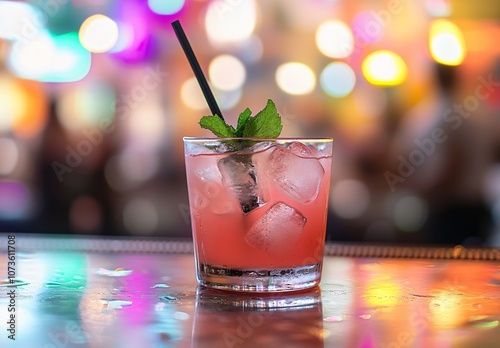 Pink Cocktail with Ice Cubes and Mint photo