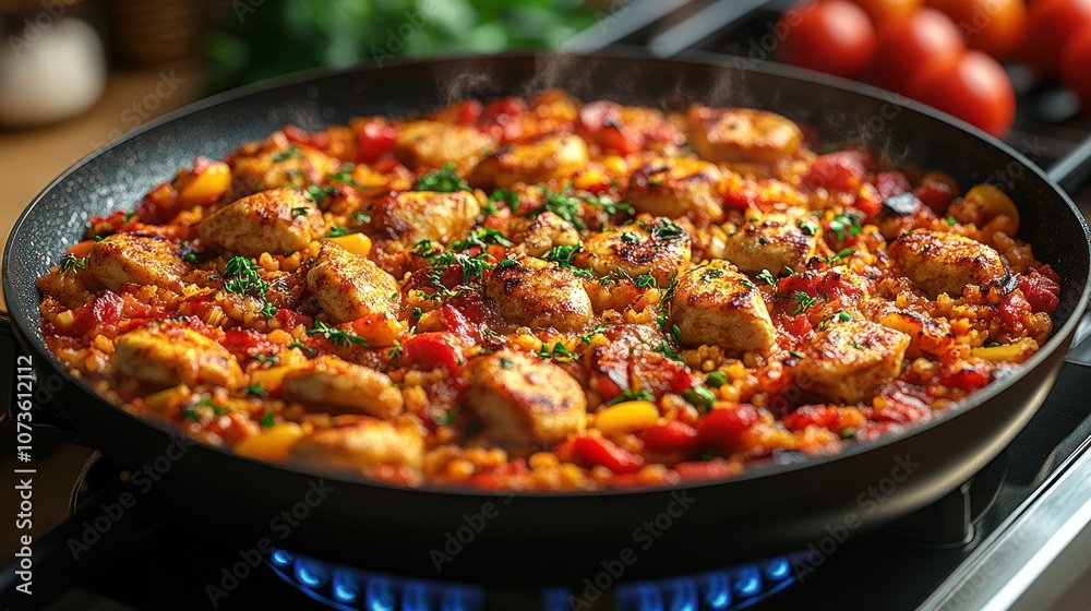 A vibrant dish of chicken and vegetables simmering in a skillet. A vibrant dish of chicken and vegetables simmering in a skillet.