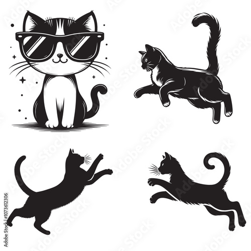 jumping cat silhouette vector black and white