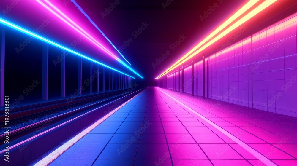 Neon lights illuminating a deserted train platform at night, lonely and melancholic mood Neon lights illuminating a deserted train platform at night, lonely and melancholic mood