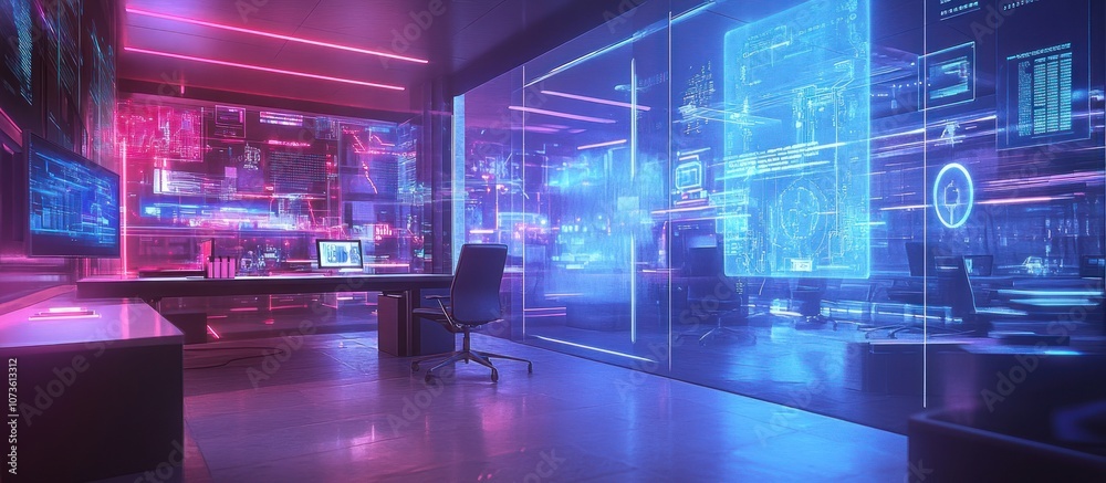A futuristic workspace featuring glowing screens and high-tech interfaces. A futuristic workspace featuring glowing screens and high-tech interfaces.
