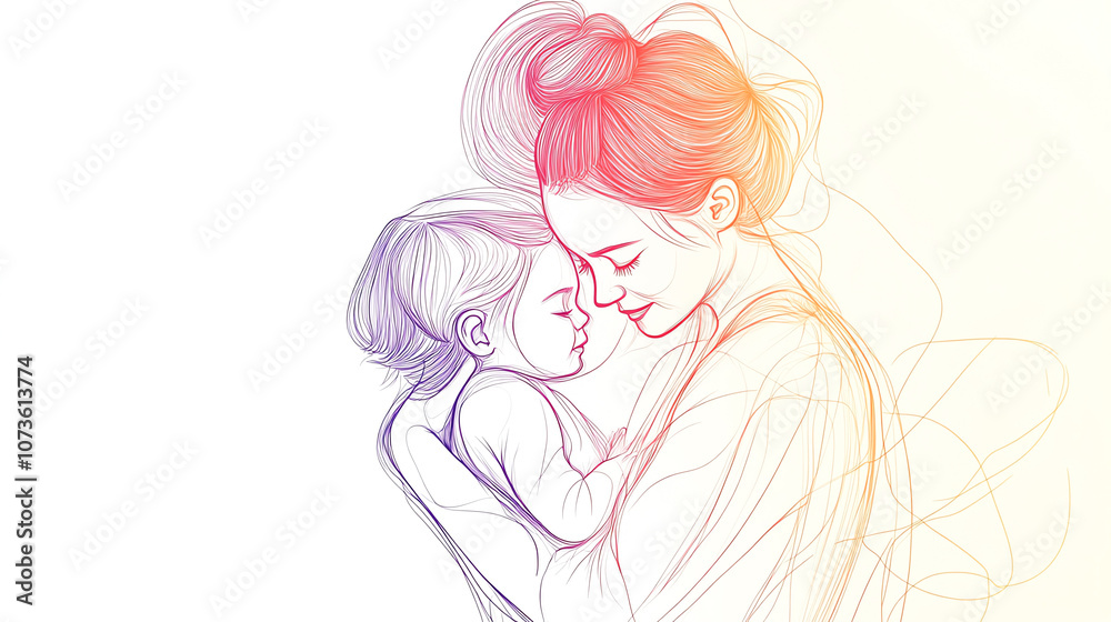 Mom and child hugging, abstract line art, warm and affectionate, isolated on white background Mom and child hugging, abstract line art, warm and affectionate, isolated on white background