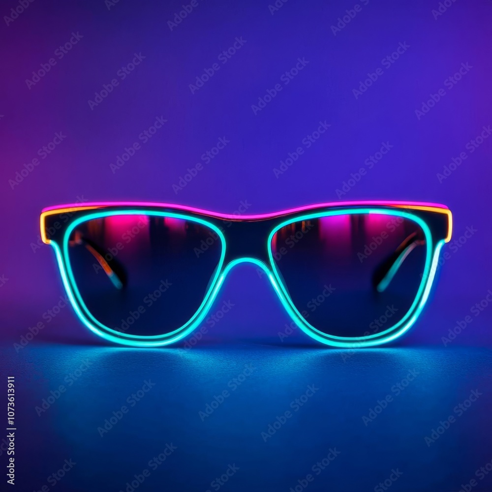 Neon reflections on dark sunglasses, vibrant and stylish, edgy urban fashion Neon reflections on dark sunglasses, vibrant and stylish, edgy urban fashion