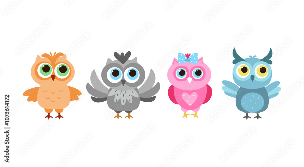 Stylish and cute set of vector cartoon owls. Collection of various birds for creative design projects, minimalistic cute bright set owls. Logo, vector illustration Stylish and cute set of vector cartoon owls. Collection of various birds for creative design projects, minimalistic cute bright set owls. Logo, vector illustration