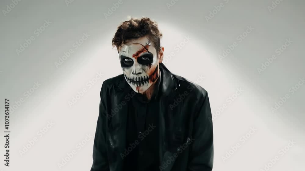 Man with skeleton makeup and scars in a dark outfit, posing on a minimalist background, eerie and intense. Man with skeleton makeup and scars in a dark outfit, posing on a minimalist background, eerie and intense.